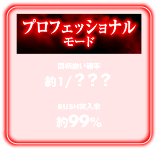 プロフェッショナルモード：図柄揃い確率 約1/？？？、RUSH突入率 約99%
